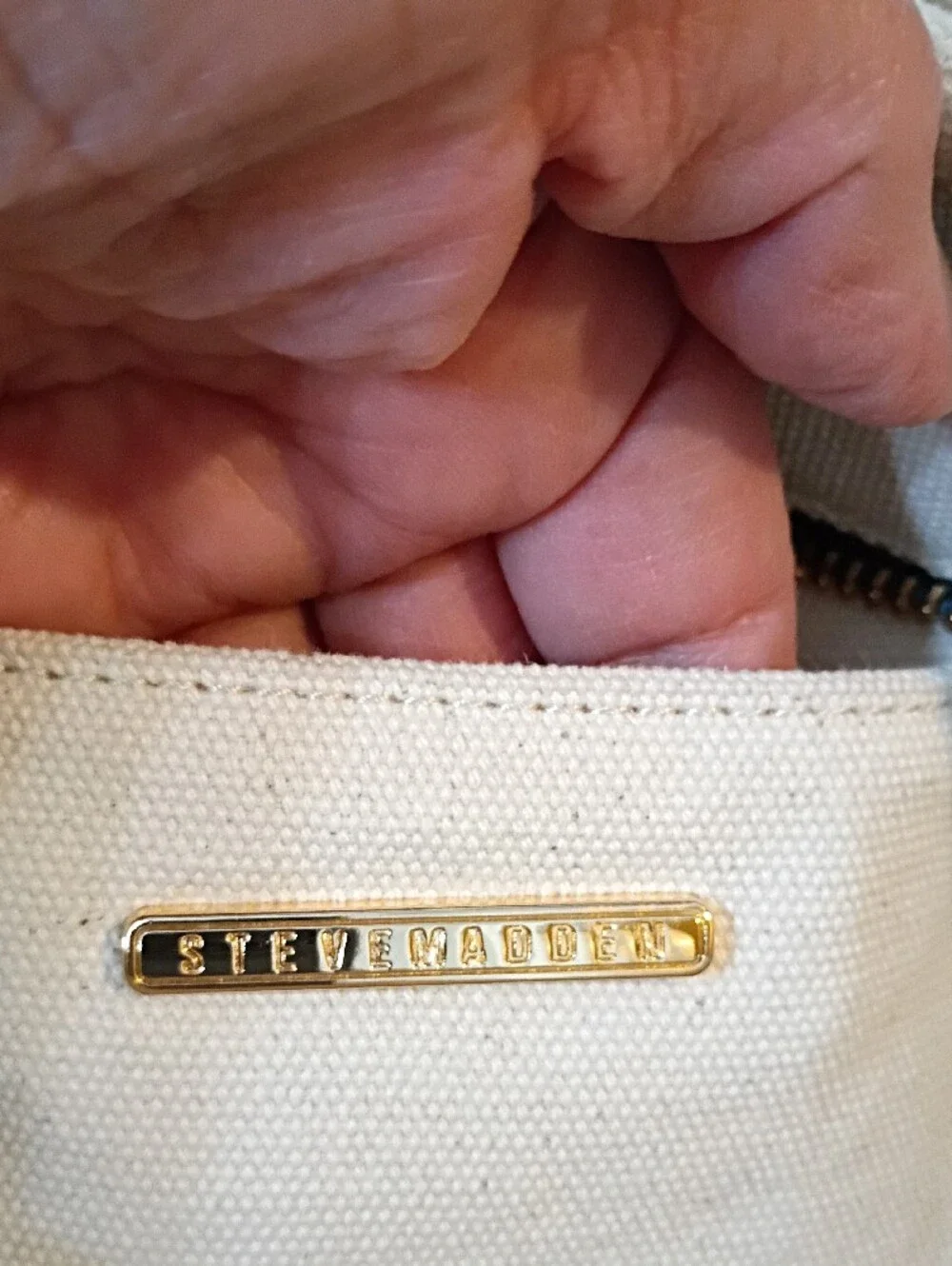 Steve Madden Cream and Navy Canvas Tote with Gold Hardware